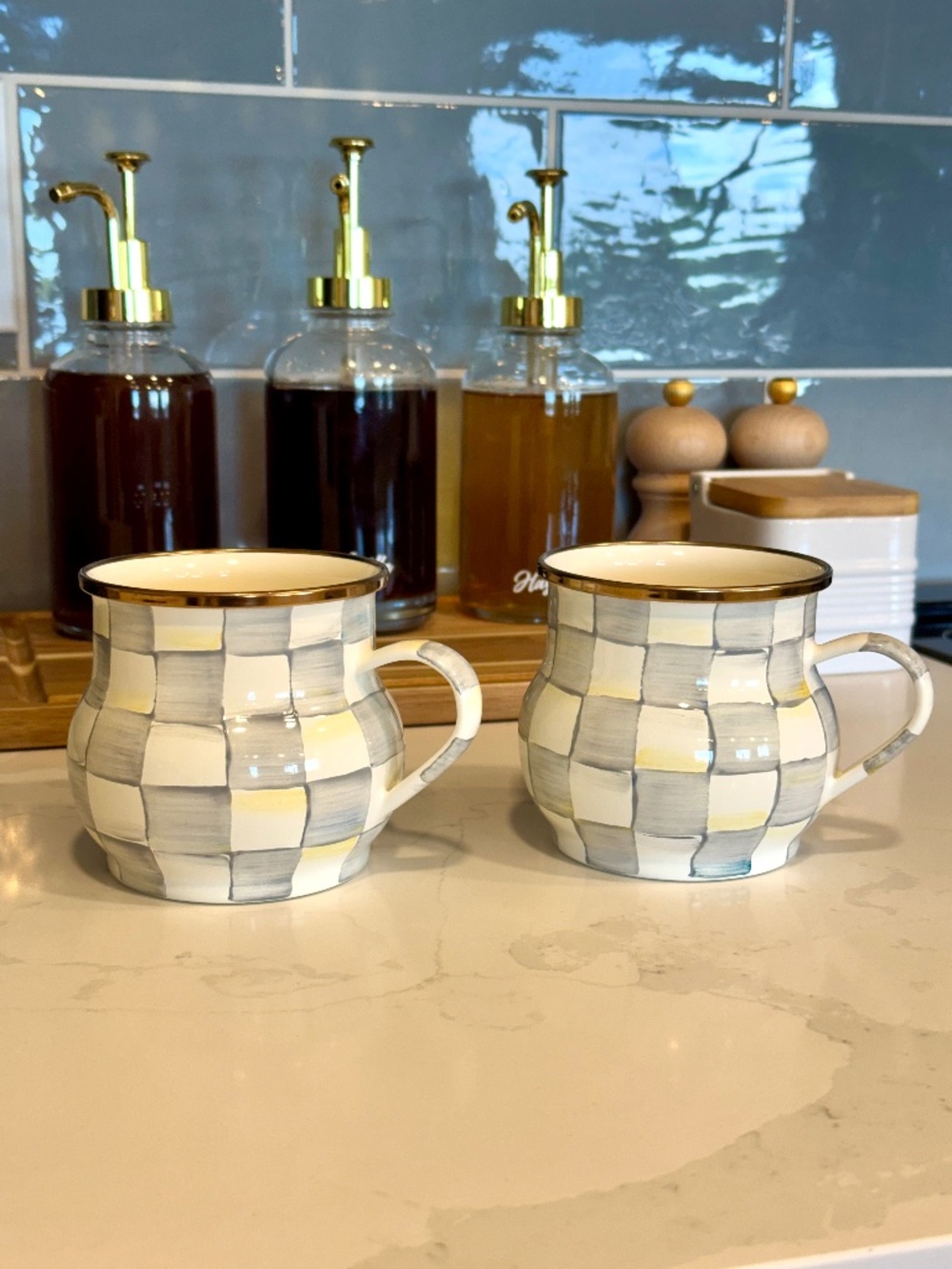 Pair of Mackenzie Childs Sterling Check Mugs